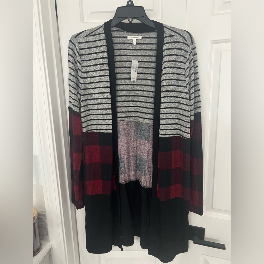 NEW! Maurices Black and Red Striped Plaid Cardigan